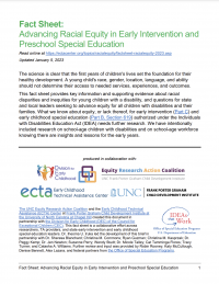 Front page of fact sheet: racial equity in special ed